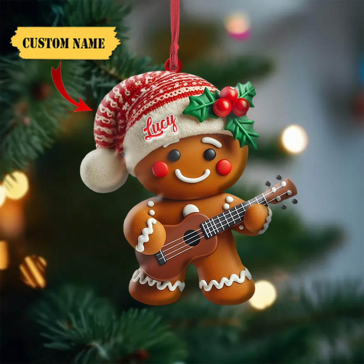 Personalized Gingerbread Playing Ukulele Ornament - Unique Xmas Tree Decor, Musical Instrument Ornament, Christmas Gift for Ukulele Player