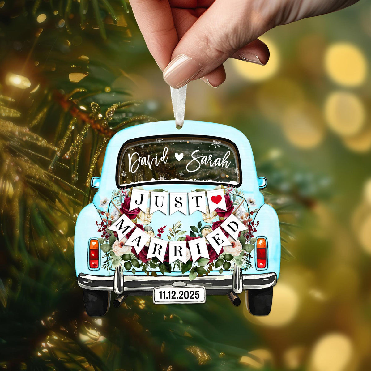 Personalized Just Married Car Ornament, Custom First Christmas Married Ornament, 1st Christmas Mr Mrs Ornament, Newlywed Gift for Couple