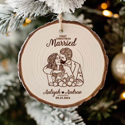 Custom Line Drawing Wedding Ornament, First Christmas Married Wooden Slice Ornament, Wedding Rustic Ornament Gifts for Couples