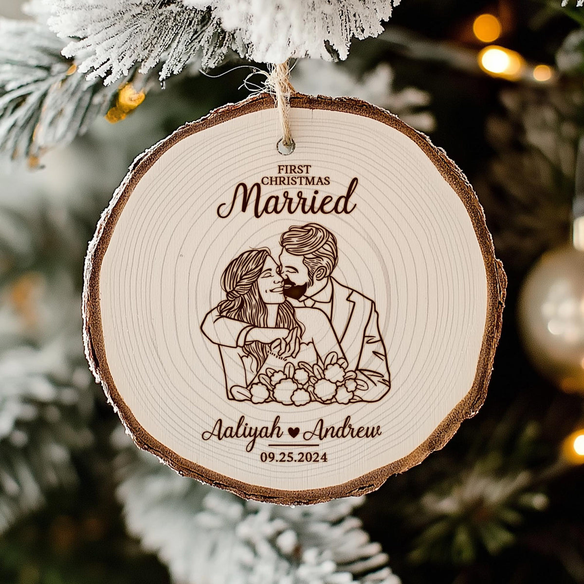 Custom Line Drawing Wedding Ornament, First Christmas Married Wooden Slice Ornament, Wedding Rustic Ornament Gifts for Couples