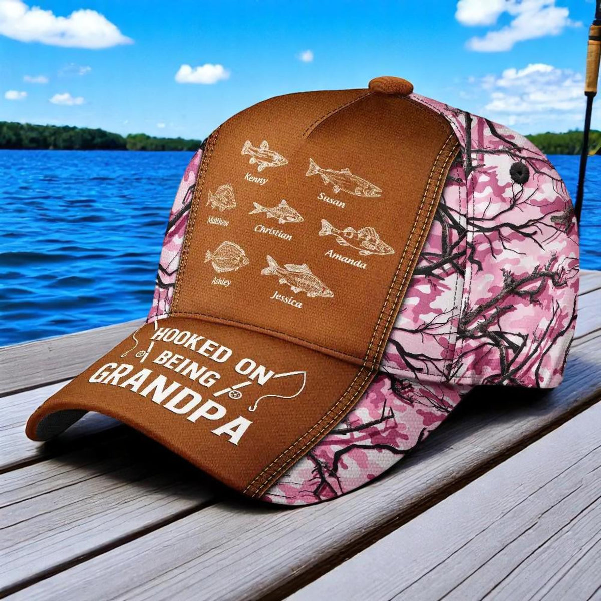 Hooked On Being Dad and Grandpa Fishing Cap - Personalised Classic Cap, Father's Day Gift For Dad, Cap For Grandpa, Dad And Kid Name Cap