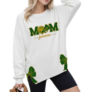 Custom Cheer Mom Side Bow Cut-Out Sweatshirt With Glitter, Trendy Coquette Bow, Cheer Mom Sweatshirt Cheer Gift Glitter Cheerleader Coquette