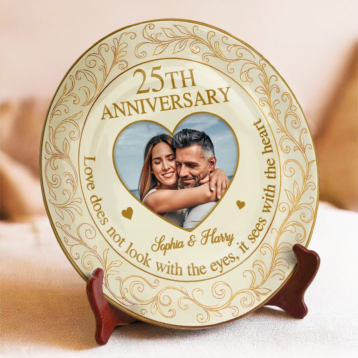 Love Sees With The Heart Custom Couple Photo - Personalized Ceramic Plate - Gift For Husband Wife, Anniversary Gift
