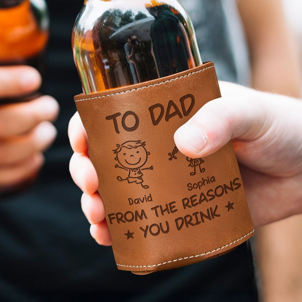 To Dad From The Reasons You Drink - Personalized Leather Can Cooler - Gift For Dad, Grandpa, Father's Day