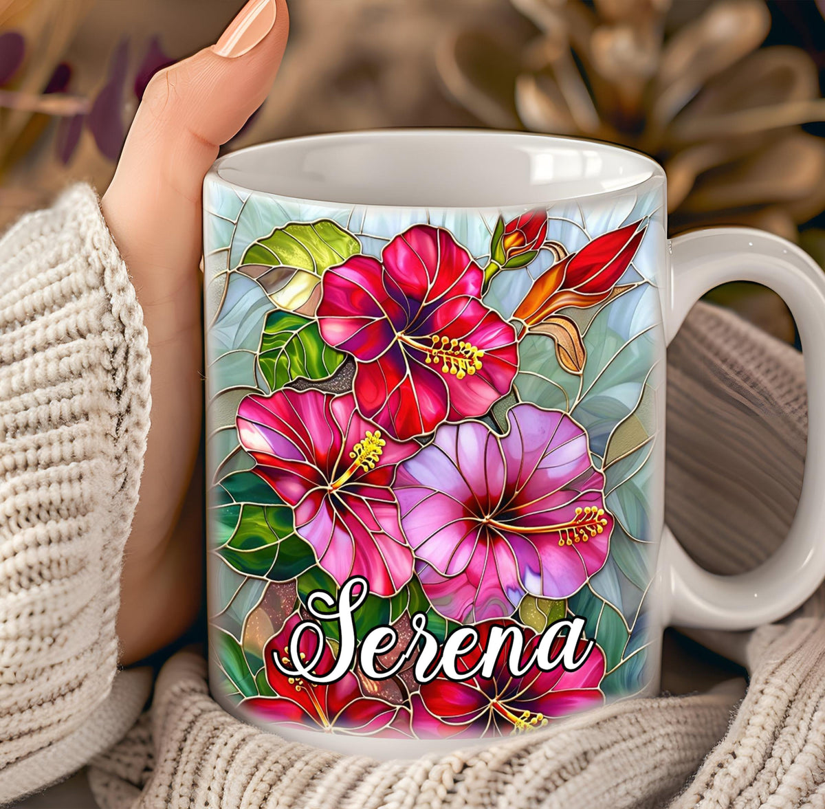Custom Name Floral Coffee Mug, Personalized Flower Mug, Stained Glass Flower Mug, Mother's Day Gift for Mom