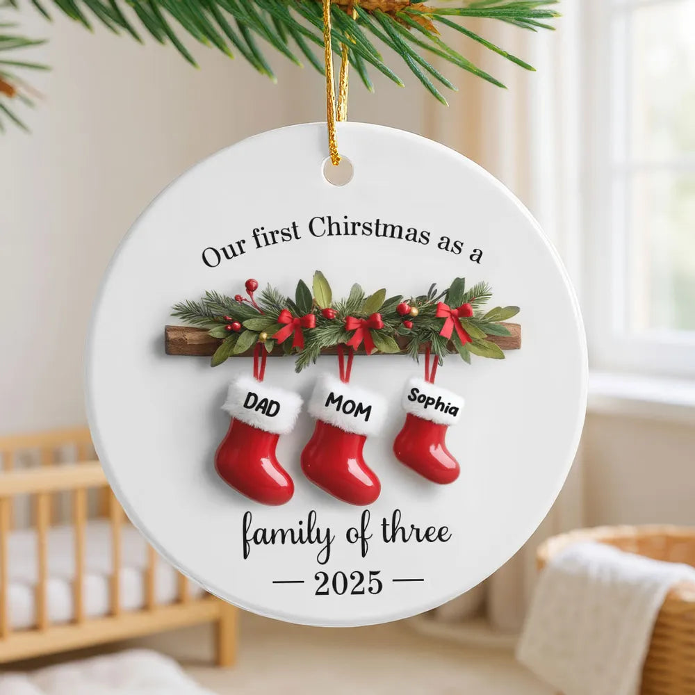 3D Effect Stockings Our First Christmas As A Family - Personalized Ceramic Ornament - Christmas Tree Decor For Family