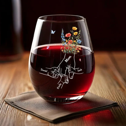 Mom's Flower Hand With Kids - Personalized Wine Glass - Gift For Mom, Mother's Day, Birthday Gift