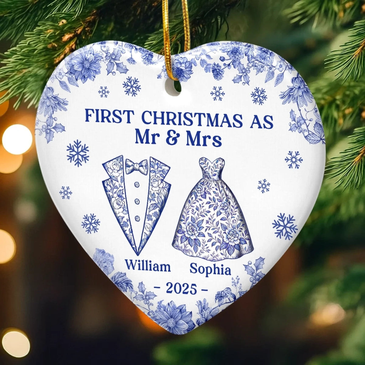 First Chirstmas Anniversary Toile De Jouy Pattern - Personalized Ornament - Gift For Couple, Christmas, Anniversary Gift