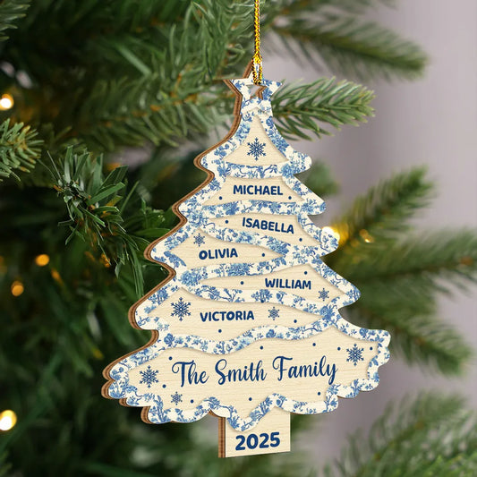 Family Names Christmas Tree Toile De Jouy - Personalized Wooden Ornament - Christmas Gift For Family