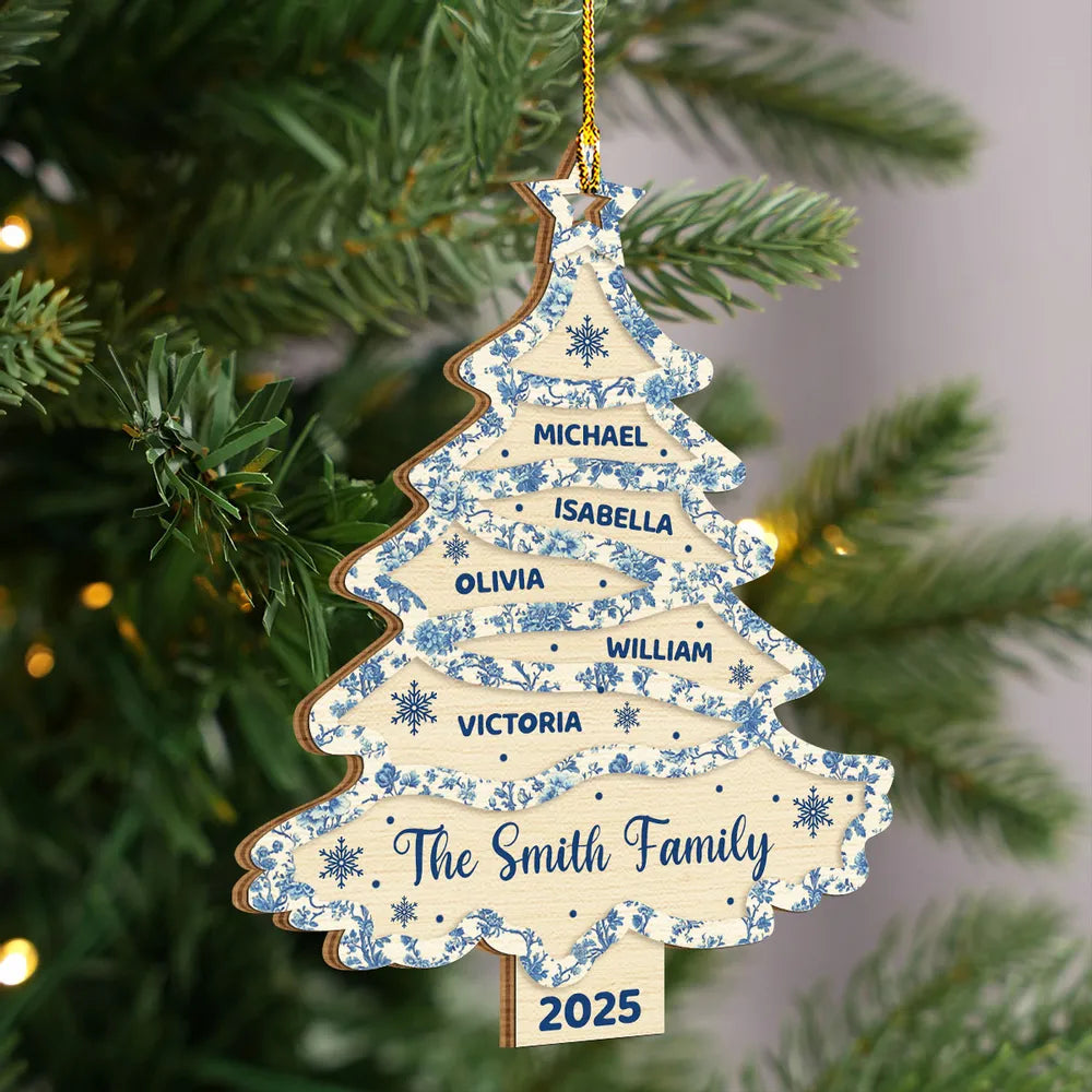 Family Names Christmas Tree Toile De Jouy - Personalized Wooden Ornament - Christmas Gift For Family