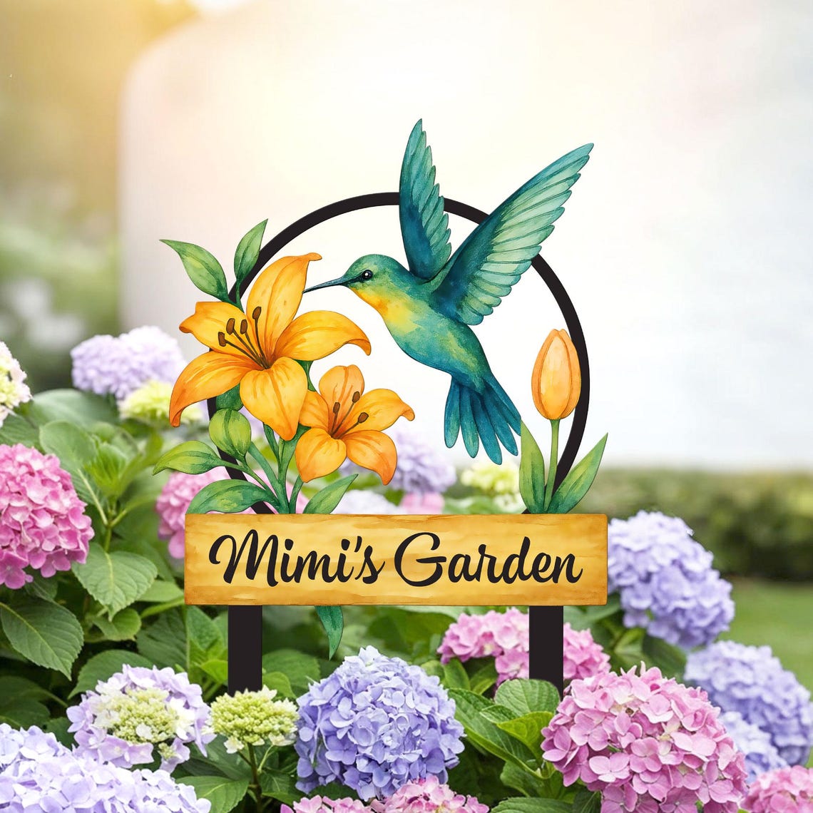 Custom Hummingbird Metal Garden Sign, Bird with Stakes Garden Decor, Mother's Day Gardening Gift, Nana's Blessings, Gardener Name Sign