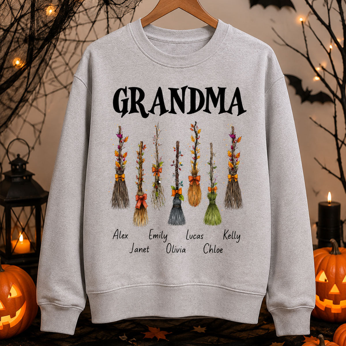 Grandma Witch Beautiful Broomsticks Custom Grandkids Names - Personalized Shirt - Halloween Gift For Grandma