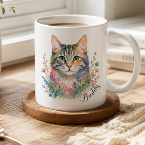 Custom Pet Portrait Mug, Personalized Cat Watercolor Coffee Mug with Pet Name Gift for Cat Lovers