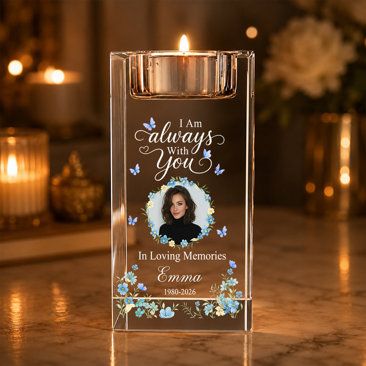 I Am Always With You Memorial Flower Blessing - Personalized Crystal Candle Holder