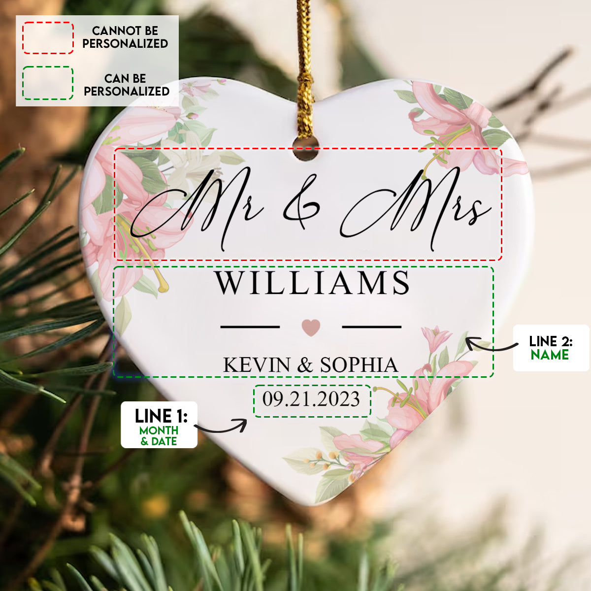 Heart Shaped Mr. & Mrs. - Personalized Ornament - Christmas Gift