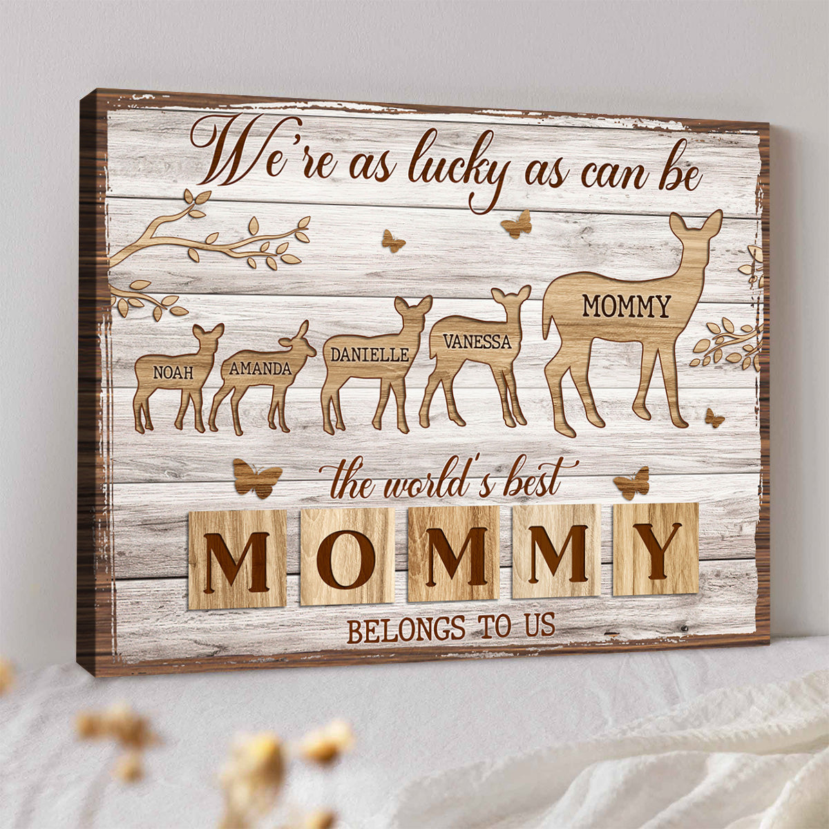 Mama Deer We're As Lucky As Can Be - Personalized Canvas - Gift For Mom, Mother's Day Gift