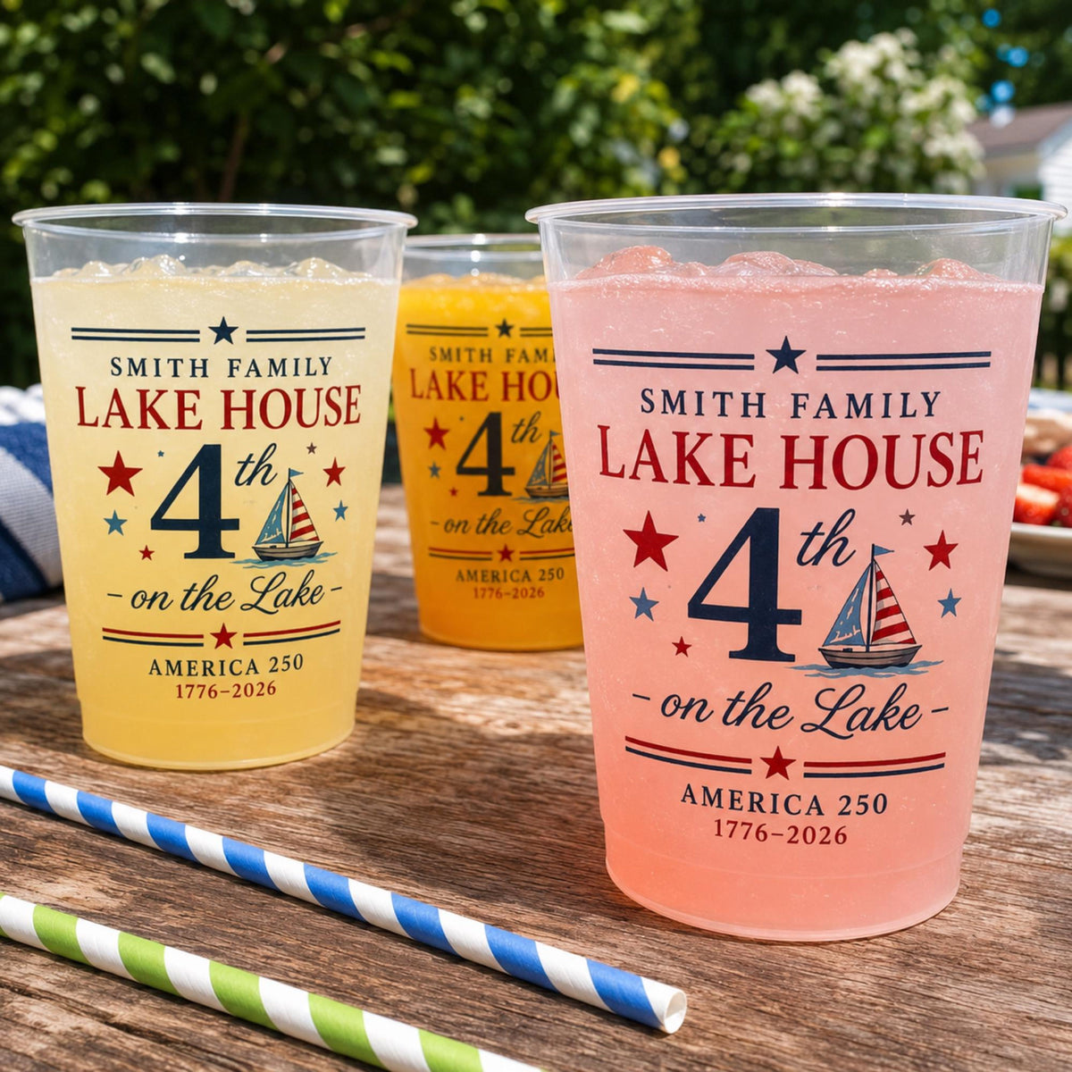 Personalized Lake House Plastic Cups, Custom 4th of July Cups, America 250 Family Lake Party Cups, Patriotic Plastic Cups