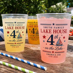 Personalized Lake House Plastic Cups, Custom 4th of July Cups, America 250 Family Lake Party Cups, Patriotic Plastic Cups