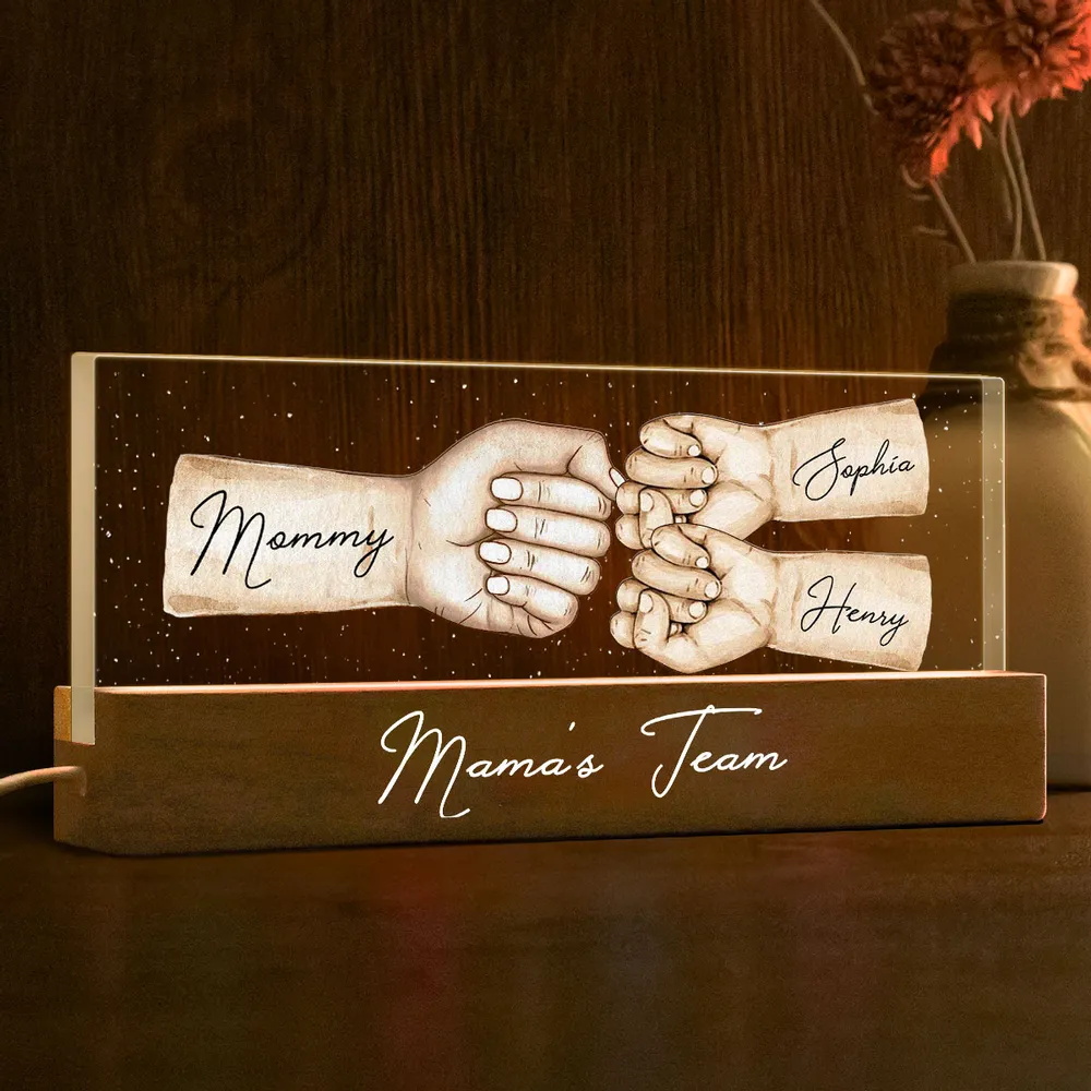Mama's Team Fist Bump - Personalized 3D LED Light Wooden Base - Gift For Her, Gift For Mom, Mother's Day, Birthday Gift