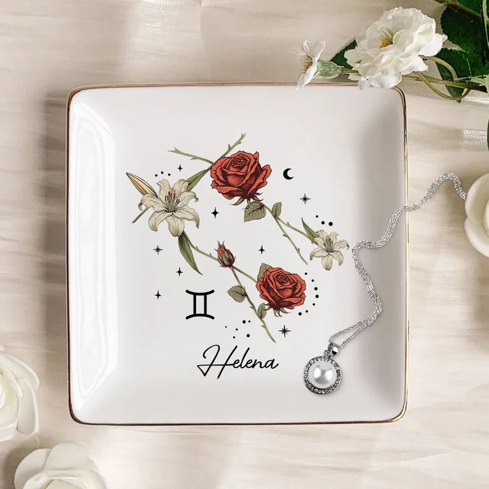 Zodiac Sign Birth Month Flower - Personalized Jewelry Plate - Gift For Mother, Daughter, Sister, Family
