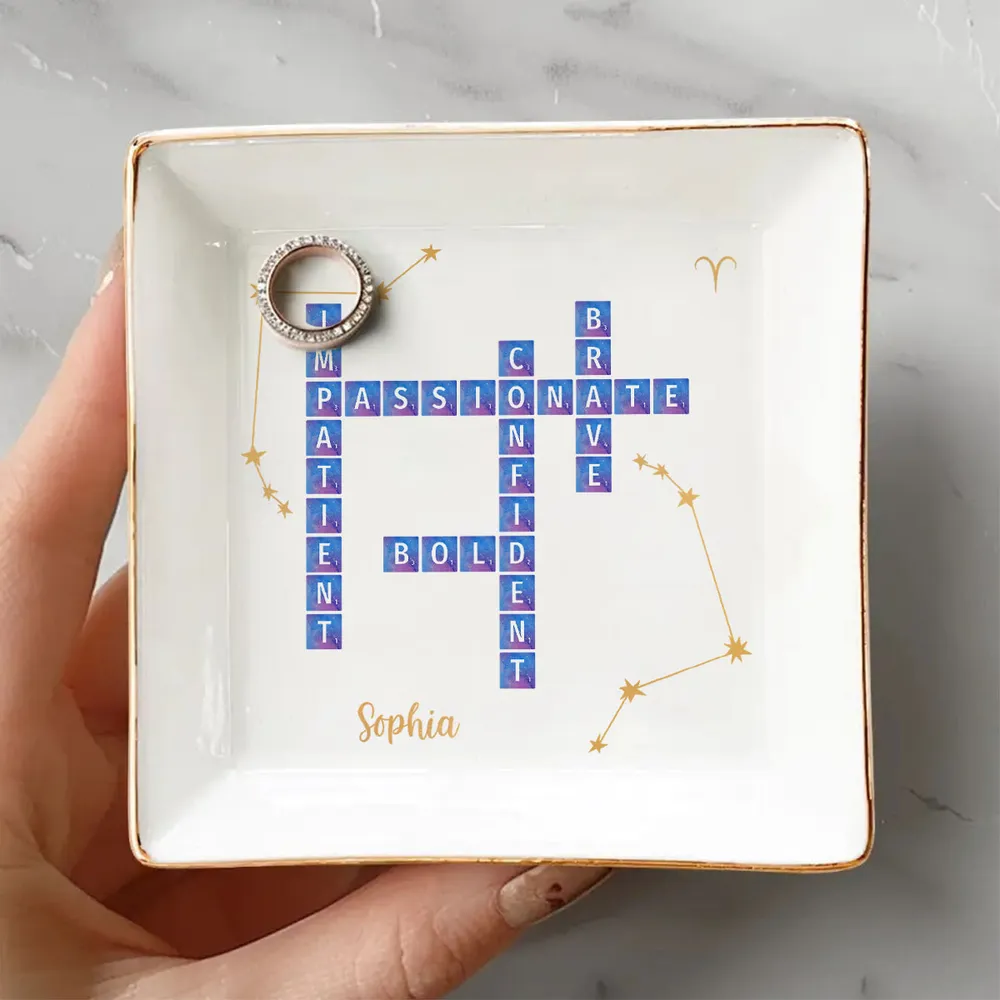 Character Qualities Crossword With Zodiac Sign - Personalized Jewelry Plate - Gift For Mother