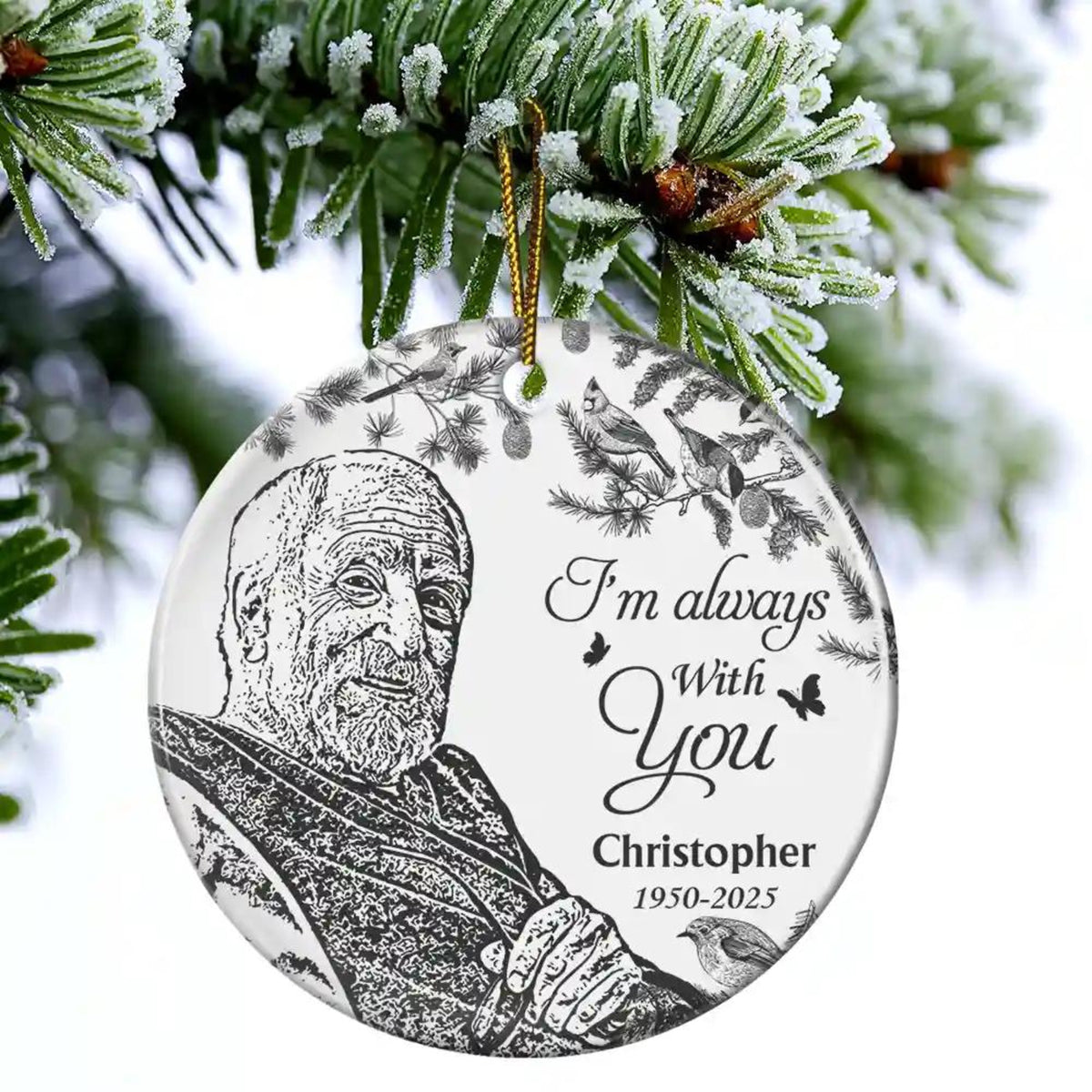 Custom Photo Pencil Drawing Toile De Jouy Memorial Although You Cannot See Me, Personalized Circle Ceramic Ornament, Christmas Decoration