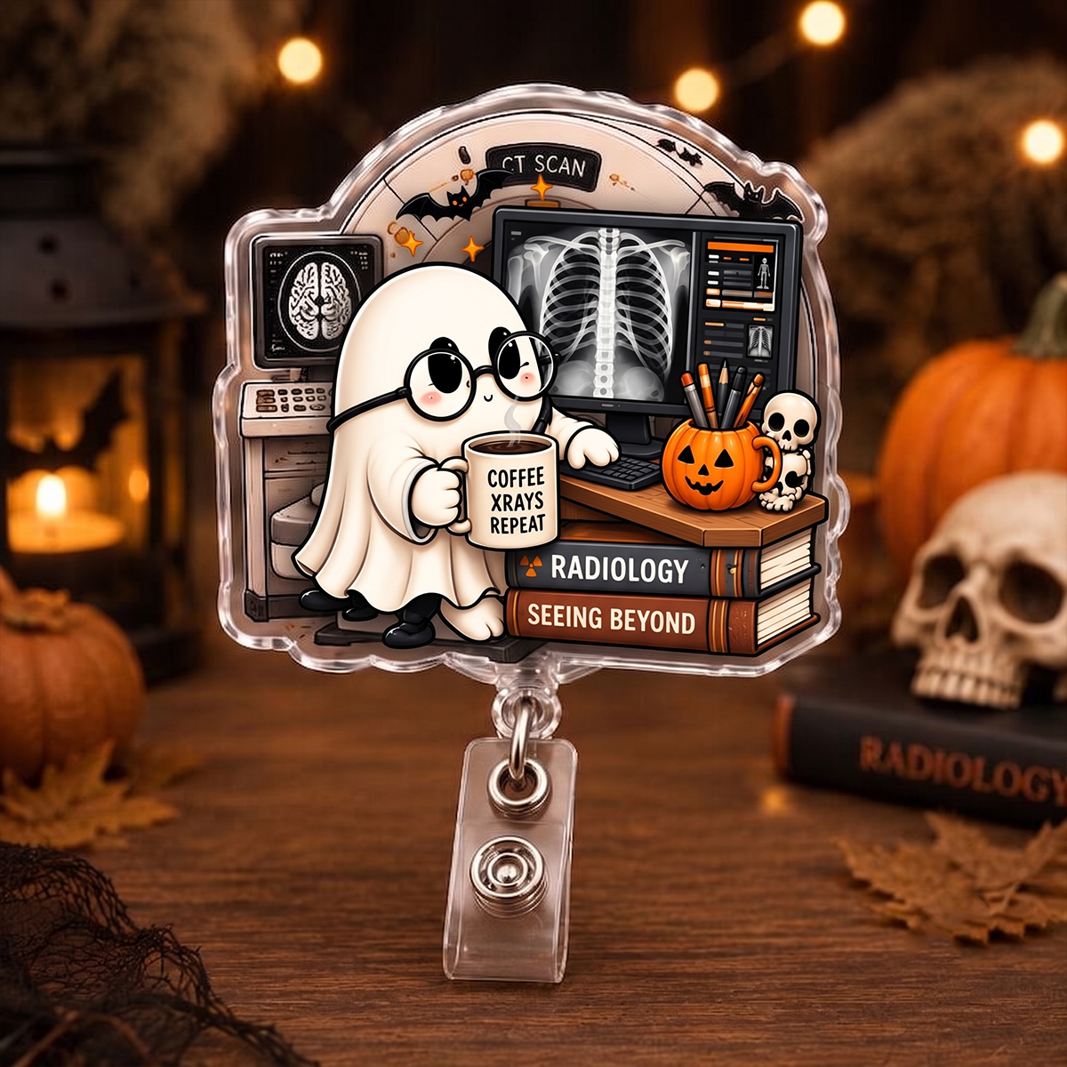 Radiology Ghost Rad Tech Badge Reel, CT Technologist Gift, X-ray Tech ID Holder, Skeleton Pumpkin Hospital Retractable Acrylic Badge Clip