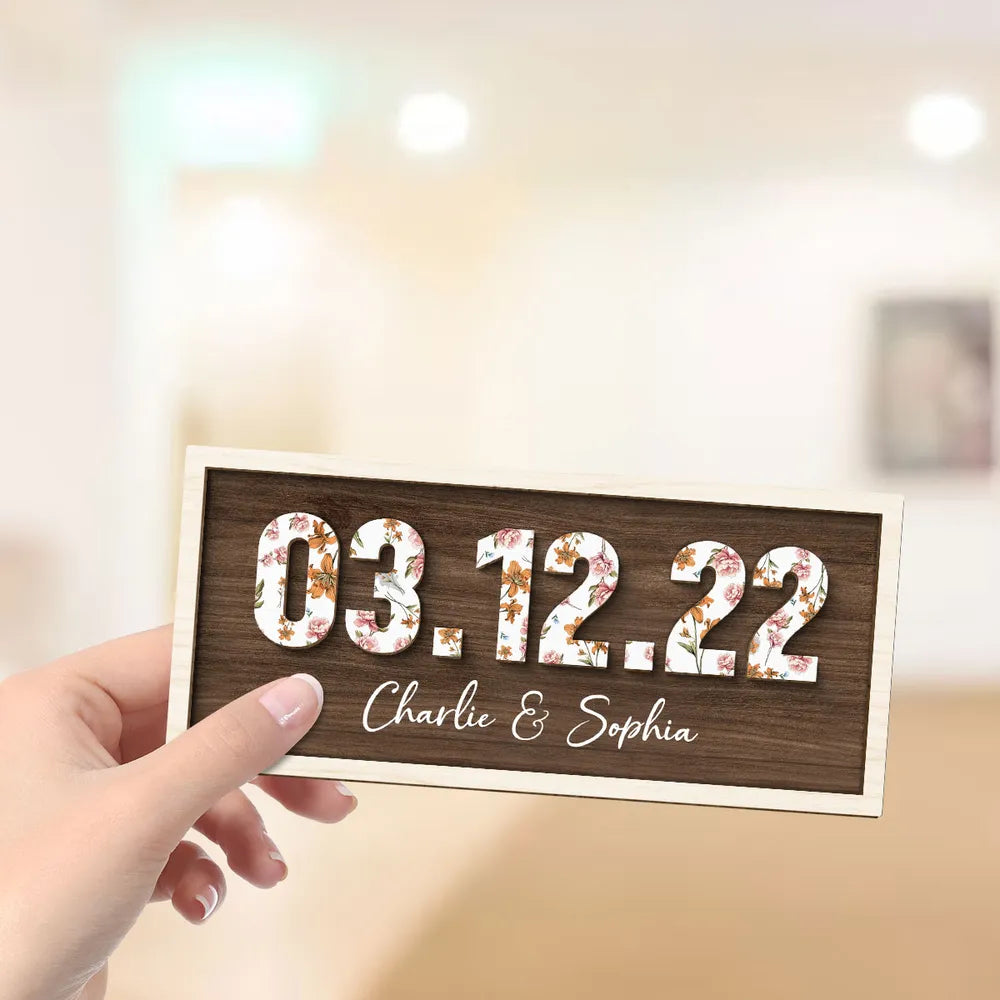 Couple Engagement Wedding Anniversary Special Date Custom Flower Printed Wooden Plaque, Gift For Her, Gift For Him