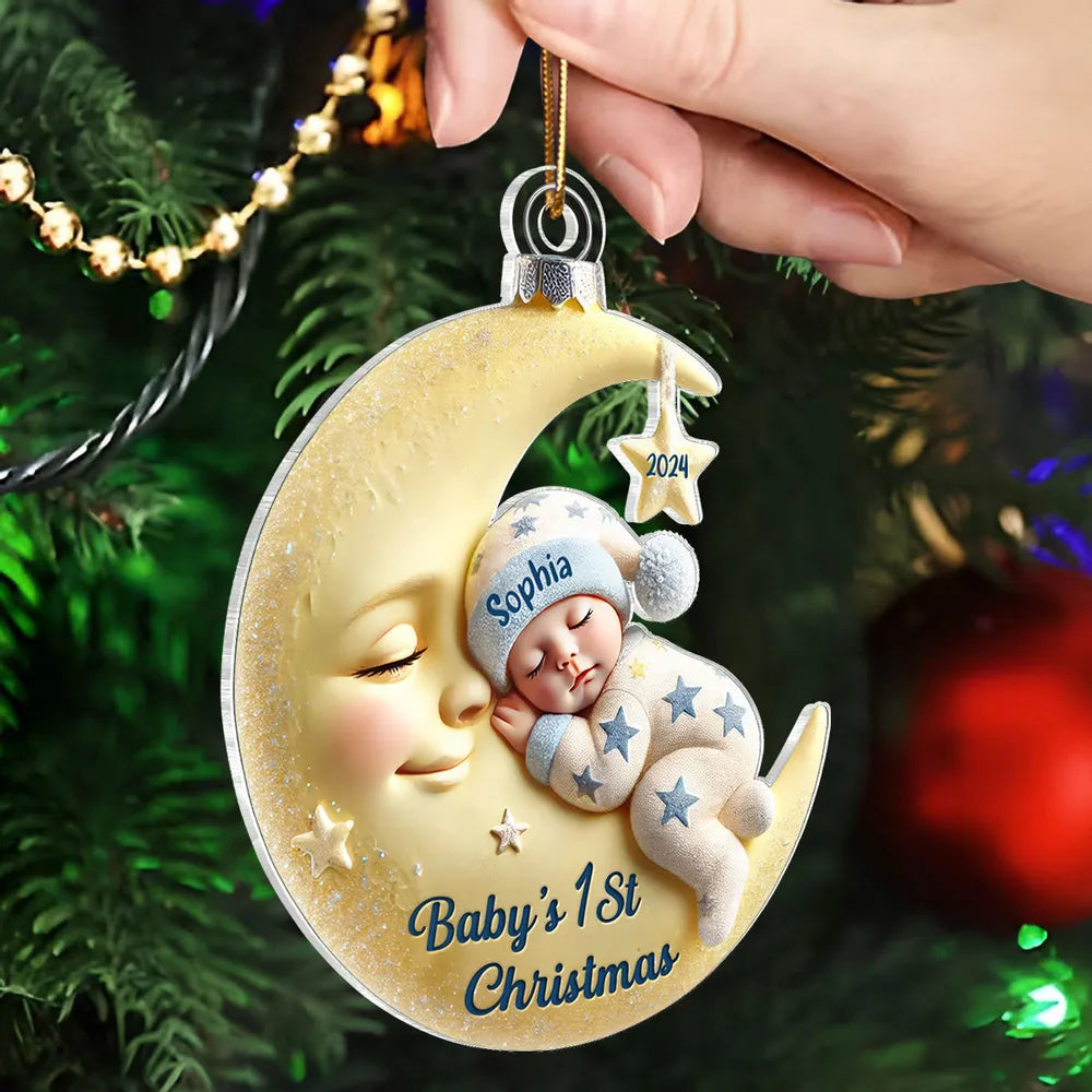 3D Effect Baby On Moon - Personalized Acrylic Ornament - Christmas Keepsake, Gift For Family & Baby
