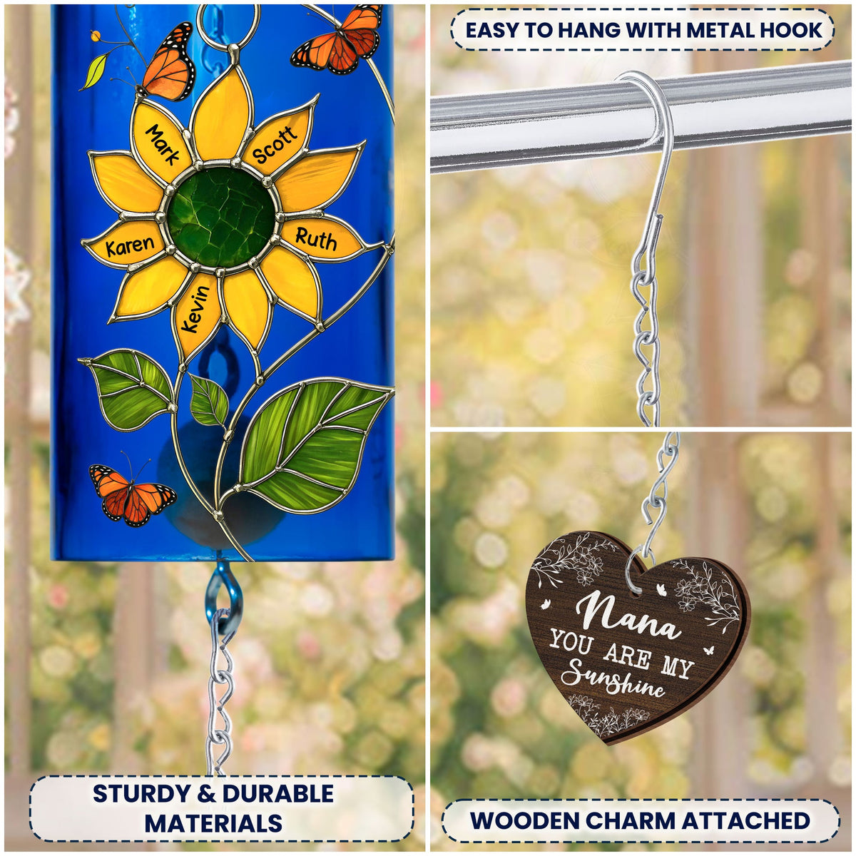 Nana You Are My Sunshine Kids Grandkids Names - Personalized Wine Bottle Wind Chime - Gift For Mom Grandma