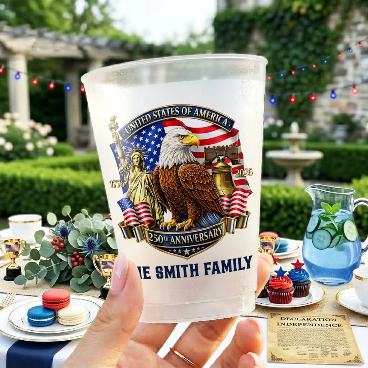Personalized Freedom Anniversary Frosted Cup, Custom Family Name Patriotic Party Drinkware