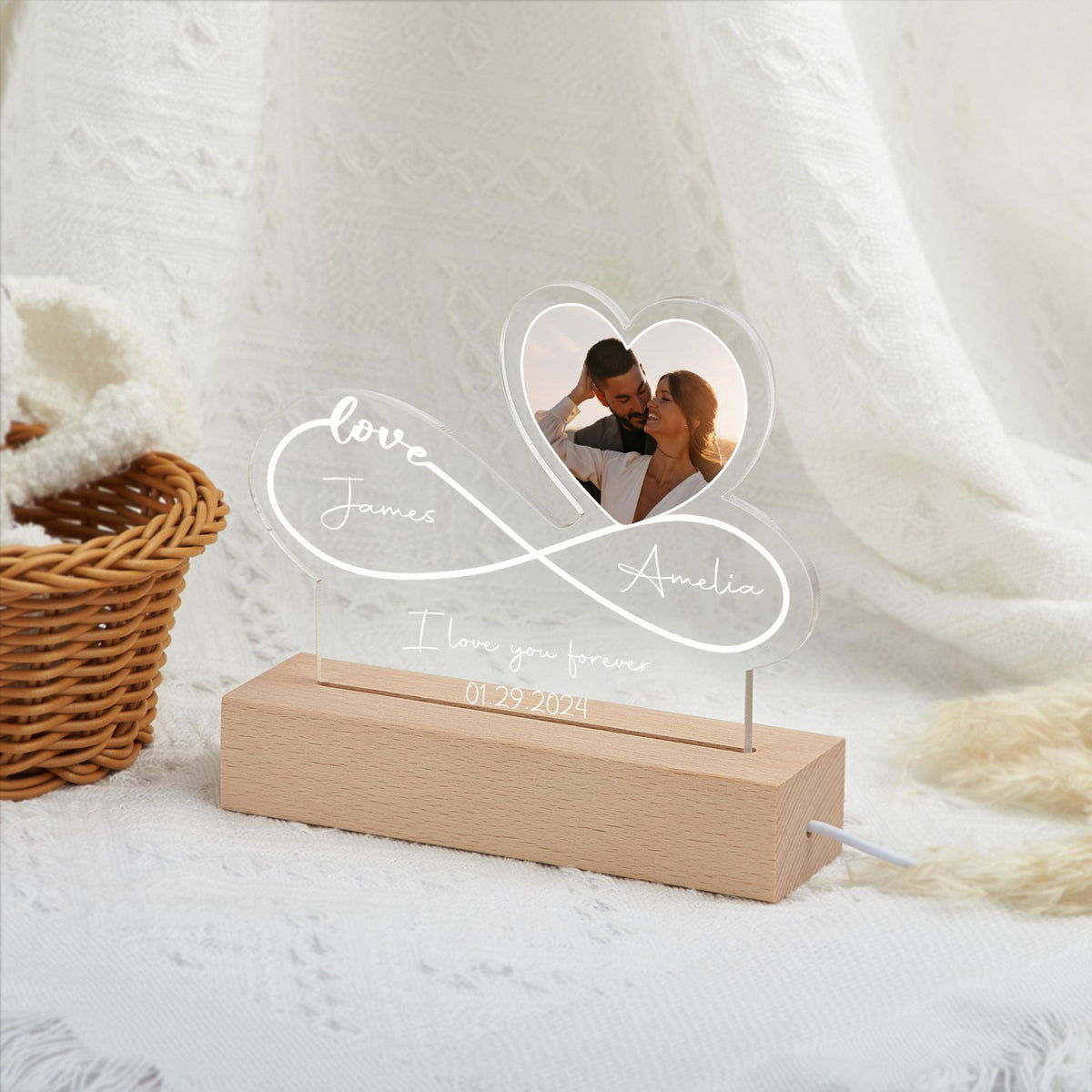 Infinity Love Custom Couple Photo Night Light Plaque, Bedroom Decor, Gift for Couple