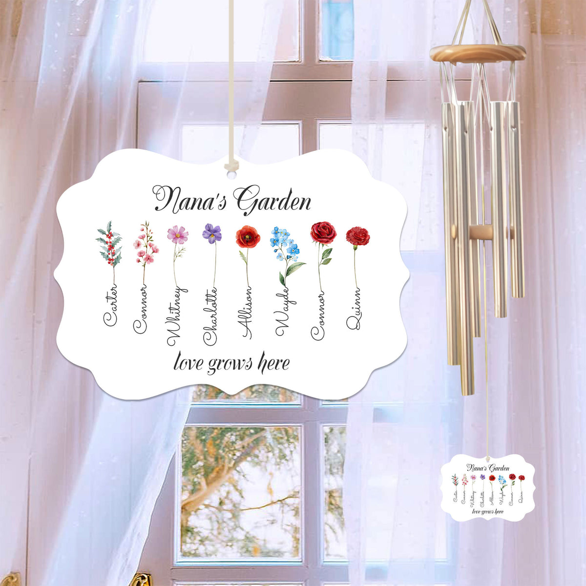 Birth Month Flower Wind Chime, Custom Kid Name, Mother's Day Gift, Grandma's Garden Wind Chime, Gift For Mom, Birth Flower, Family Gift
