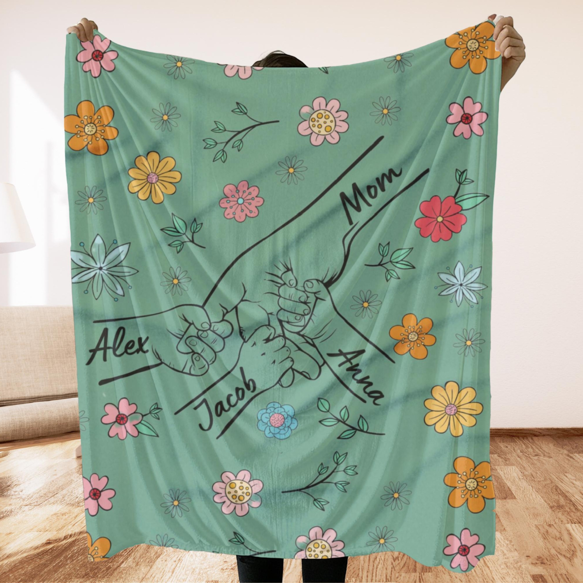 Personalized Mom Blanket, Mom Holding Kid's Hands, Mother's gift, Blanket with kids names, Family Blanket