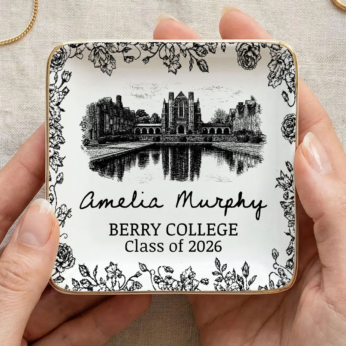 Vintage Toile Graduation Keepsake - Personalized Jewelry Dish