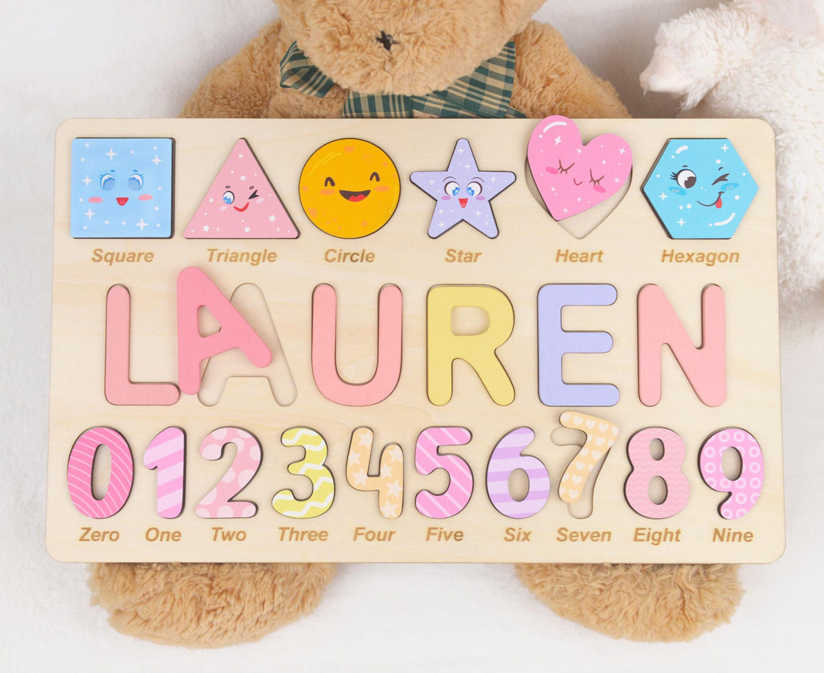 Preschool Educational Name Puzzle Gift for Boys & Girls, Custom Name Puzzle with Numbers and Geometry Shapes, Free Back Engraving Baby Gift