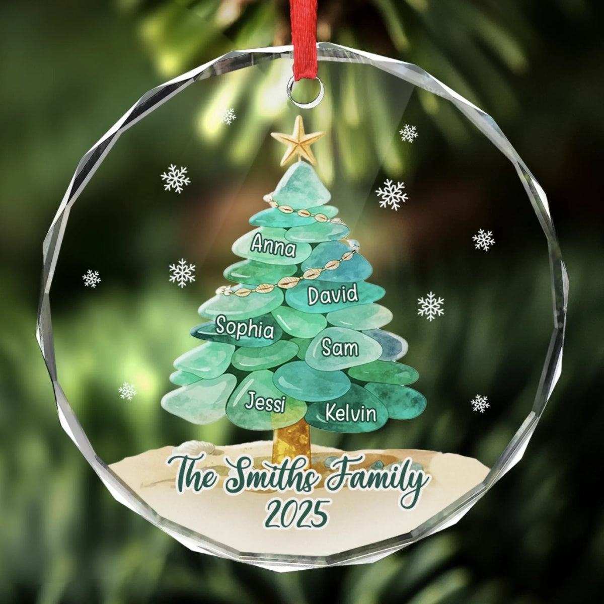 Christmas Family Tree Built By Sea Glass - Personalized Crystal Ornament - Christmas Gift For Family
