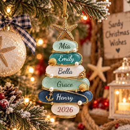 Custom Sea Glass Tree 2026 Ornament, Personalized Coastal Family Christmas Gift