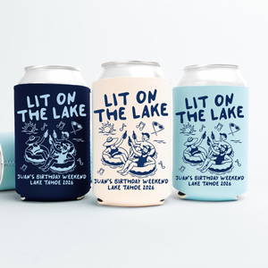 Lake Birthday Can Coolers, Personalized Lit On The Lake Drink Can Sleeves, Camping Birthday Party Favors, Outdoorsy Birthday