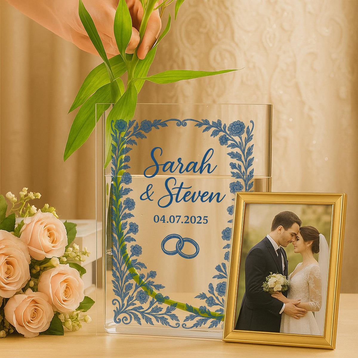 Personalized Wedding Vase with Names & Date - Custom Floral Chinoiserie Vase for Couple Gift, Anniversary, Centerpiece, or Keepsake