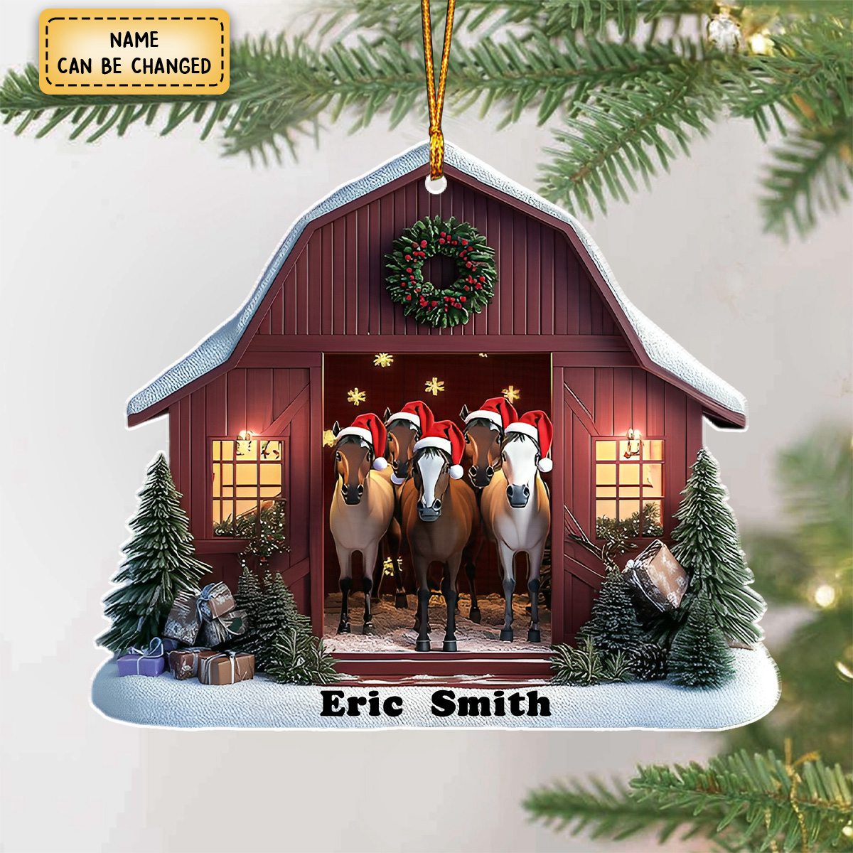 Christmas Horse Barn - Personalized Shaped Ornament - Gift For Farmhouse, Horse Lover