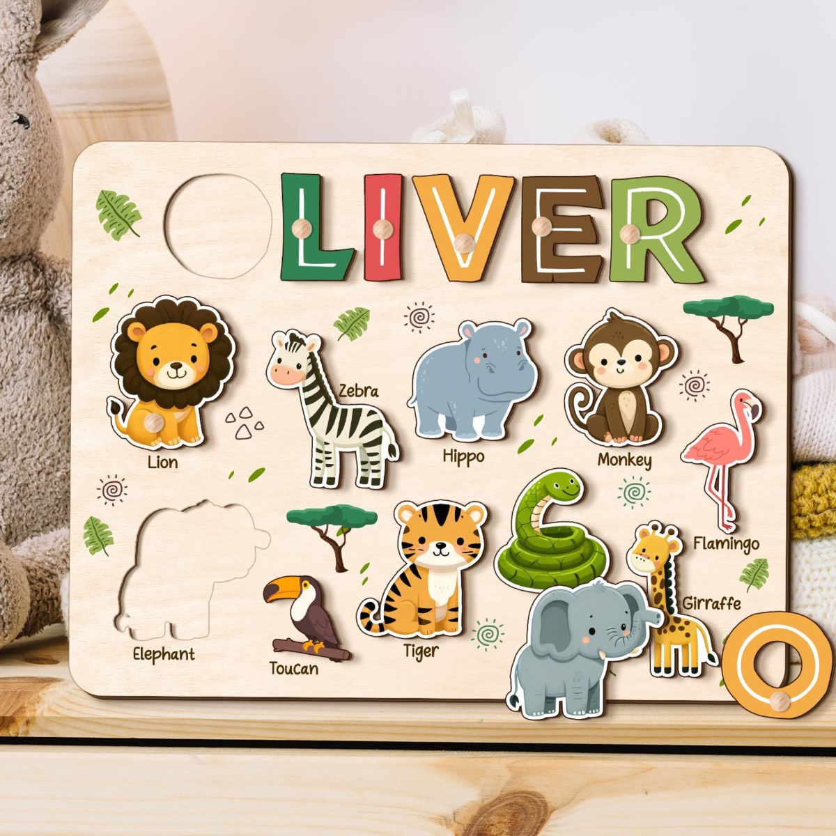 Safari Animal Name Puzzle for Kids, Personalized First Birthday Gift, Custom Toddler Wooden Puzzles, Unique New Baby Gift, Baby Shower Gift
