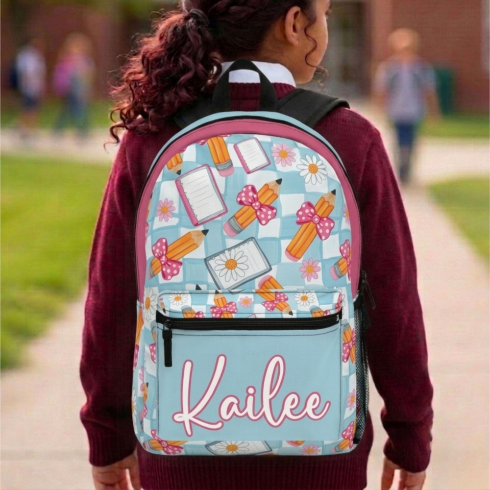Personalized Girls School Backpack, Custom Name Backpack for Kids, Cute Pencil Bow Daisy Backpack, Back to School Gift for Girls, Prek Bag