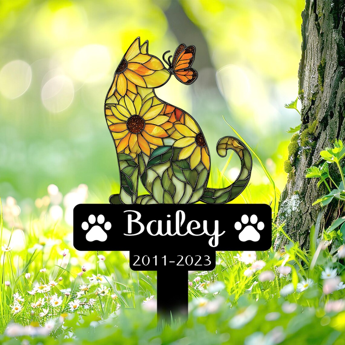 Custom Cat Sunflower Memorial Stake, Personalized Cat Grave Marker, Flat Cat Garden Stake, Pet Remembrance Sign, Cat Loss Sympathy Gift