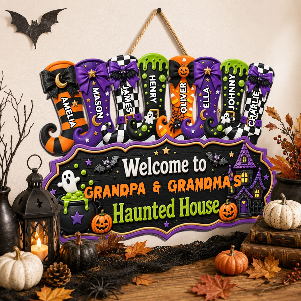 Whimsical Halloween Welcome To Grandma Grandpa Haunted House Witch Boots - Personalized Wood Sign - Halloween Decoration For Grandparents