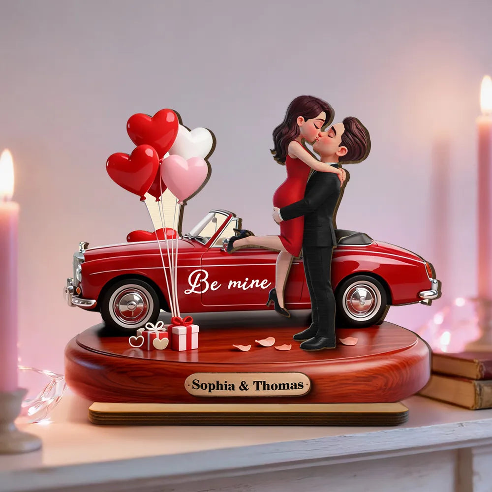 3D Kissing Couple Red Car Valentine's Day - Personalized Wooden Plaque With Flat Base - Anniversary Gift For Couple