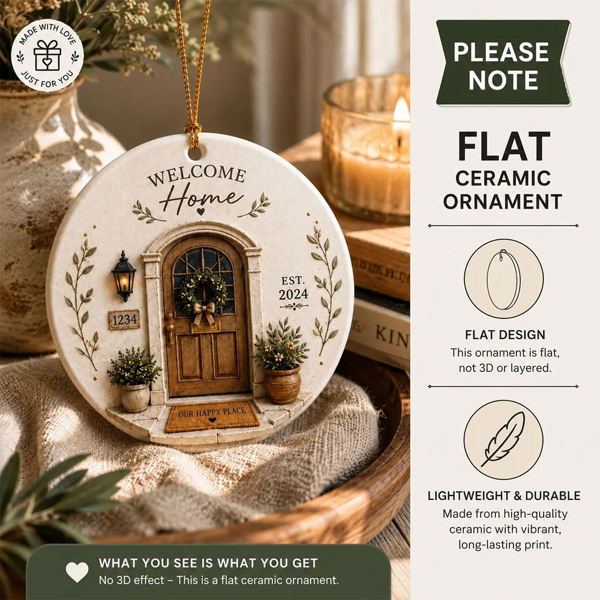 Welcome Home Our Happy Place - Personalized Ceramic Circle Ornament For Housewarming Christmas