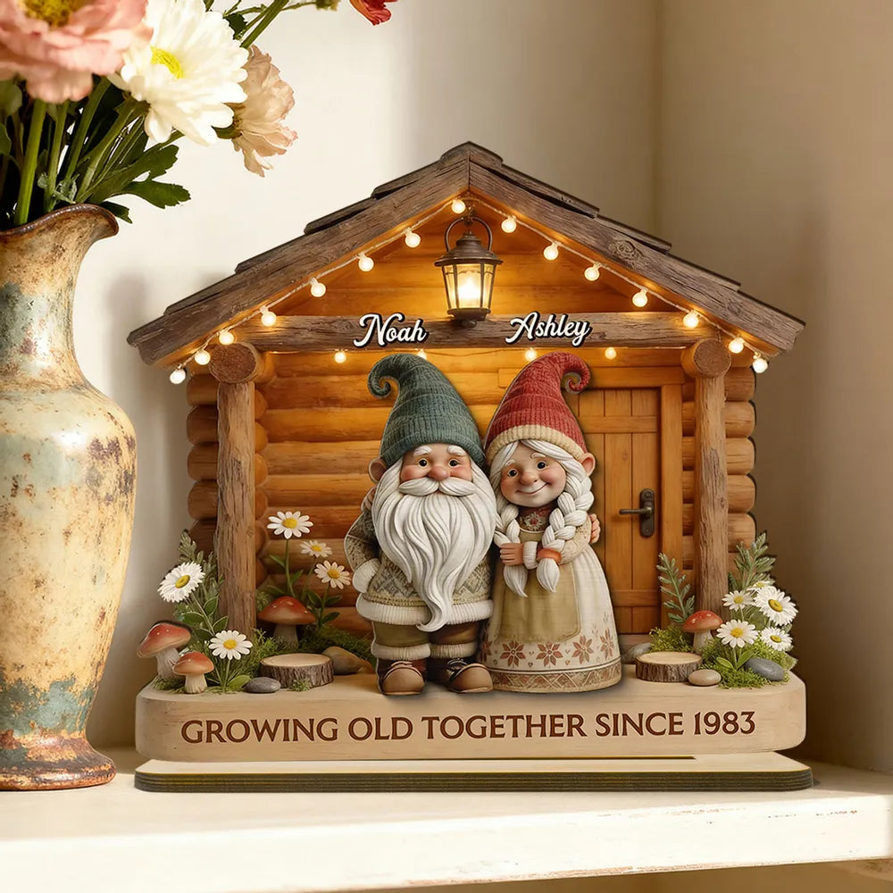 Eternal Love Gnome Couple At Wooden Cabin - Personalized Wooden Plaque - Heartfelt Gift For Couple