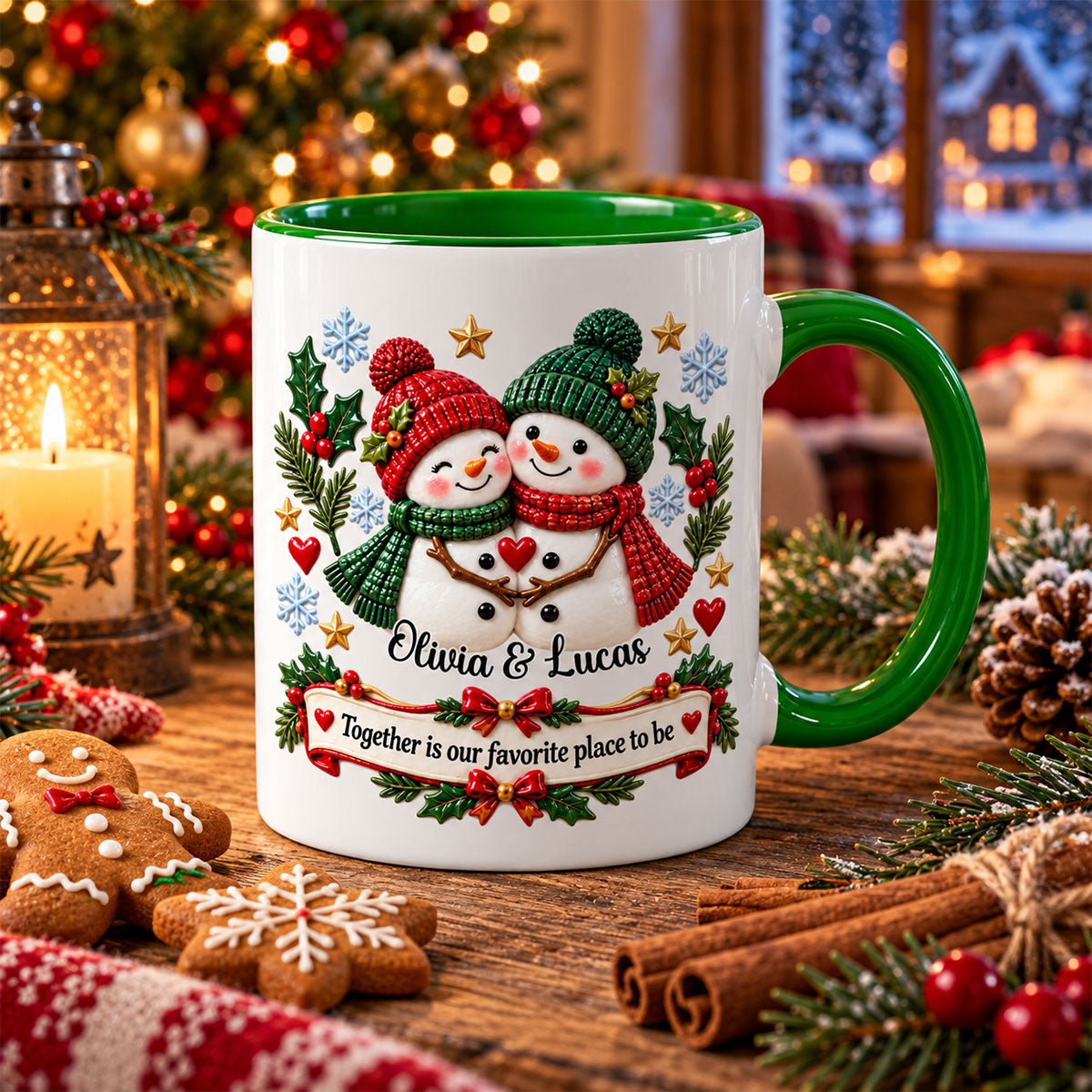 Christmas Snowman - Personalized Custom Accent Mug - Christmas Gift For Couples