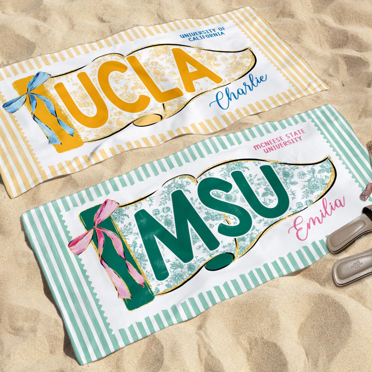 Personalized School Spirit Beach Towel: Coquette College Pennant Flag Towel, Grandmillennial Striped Towel, Sorority Girls Graduation Gift